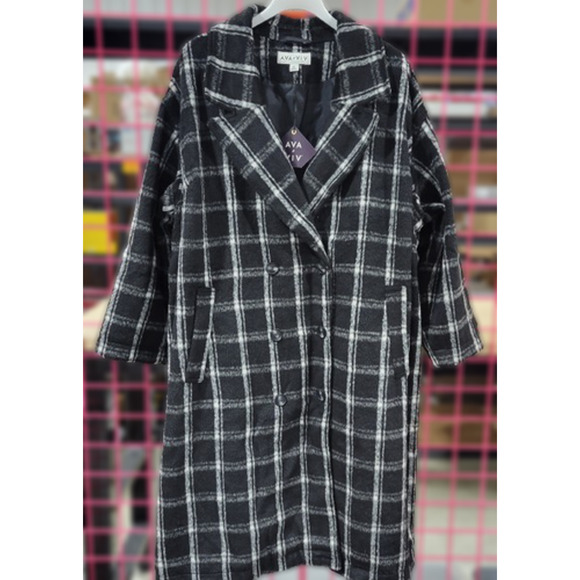 Ava & Viv Women's 4X Black & White Plaid Double Breasted Knee Length Overcoat - Picture 2 of 6